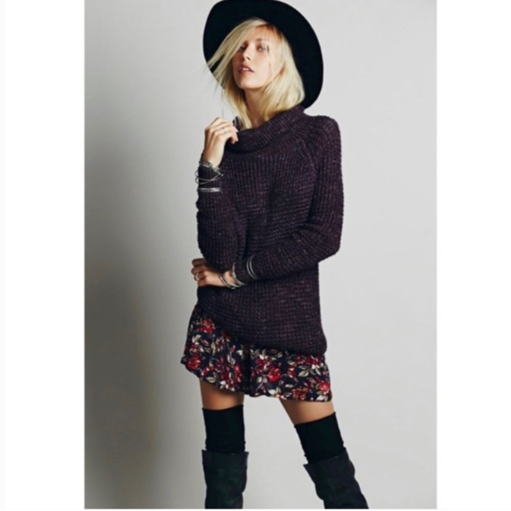 Free People Dylan Tweedy Gray Waffle Oversized Turtleneck Sweater Small